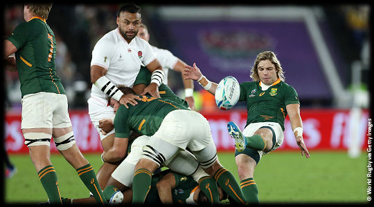 England v South Africa Faf de Klerk clears from breakdown Billy Vunipola looking on The Final RWC2019